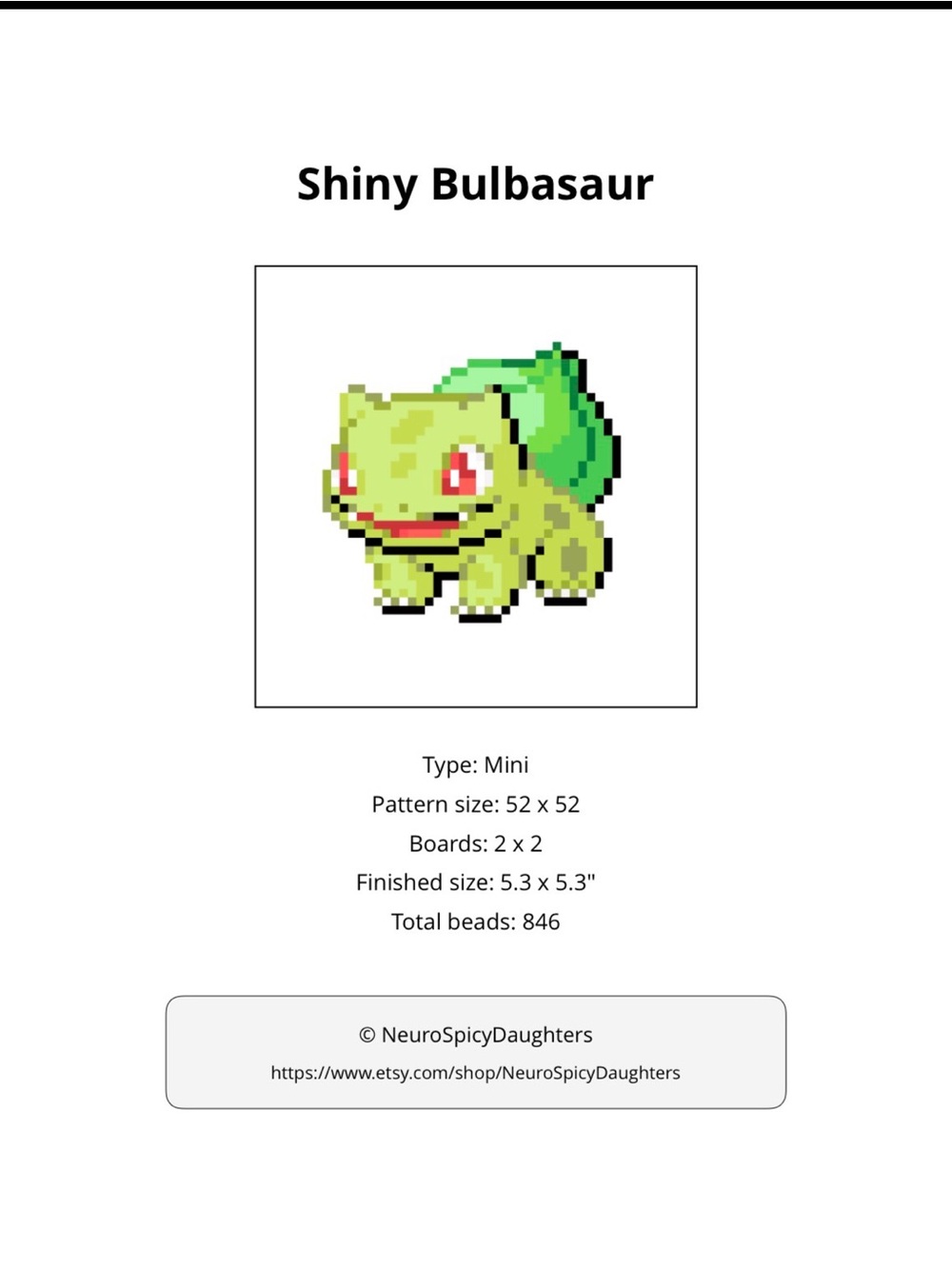 PHYSICAL COPY Pokemon Shiny Bulbasaur Pixel Craft Pattern - Green, Red, Black